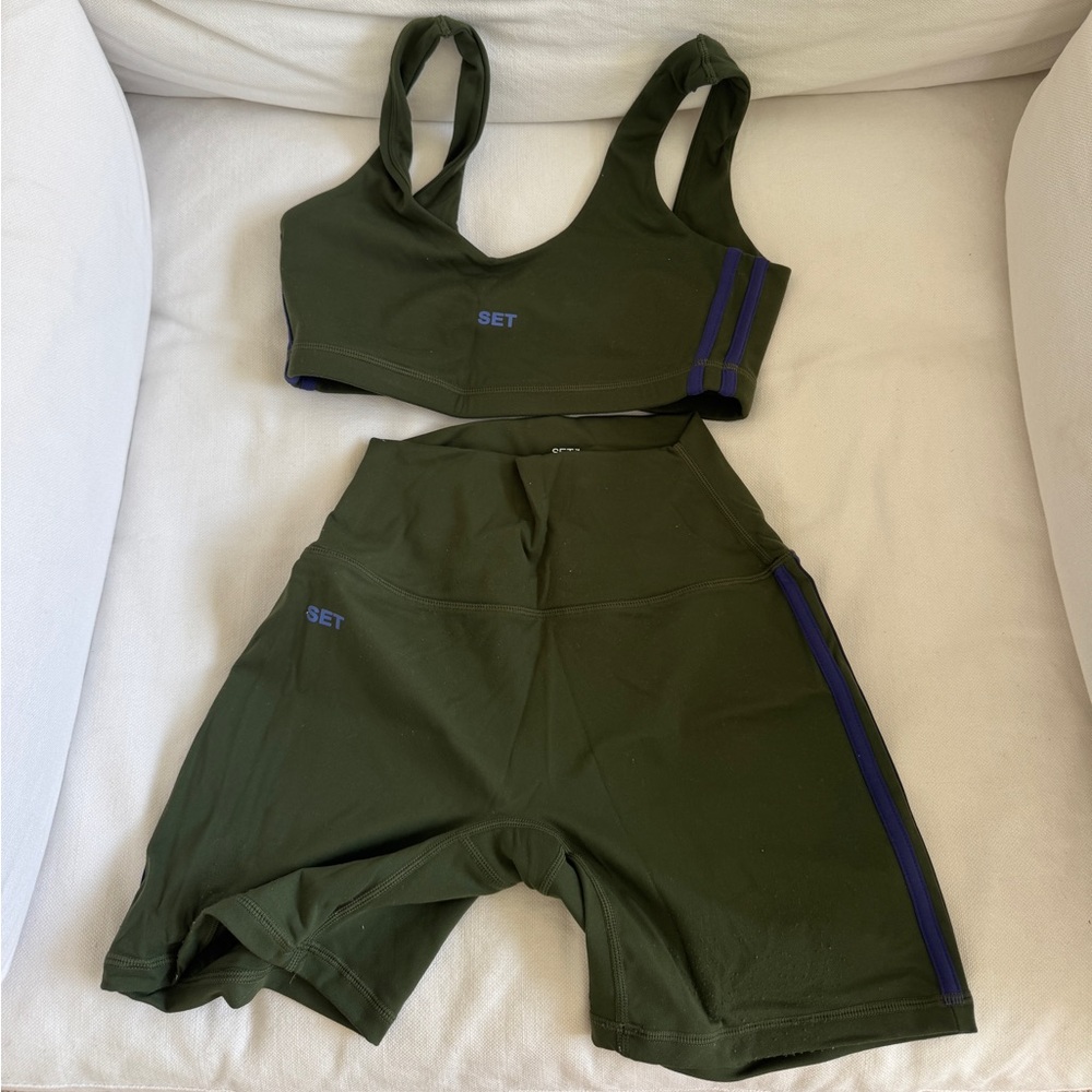 SET Active Olive Green Bike Shorts and bra with Purple Trim